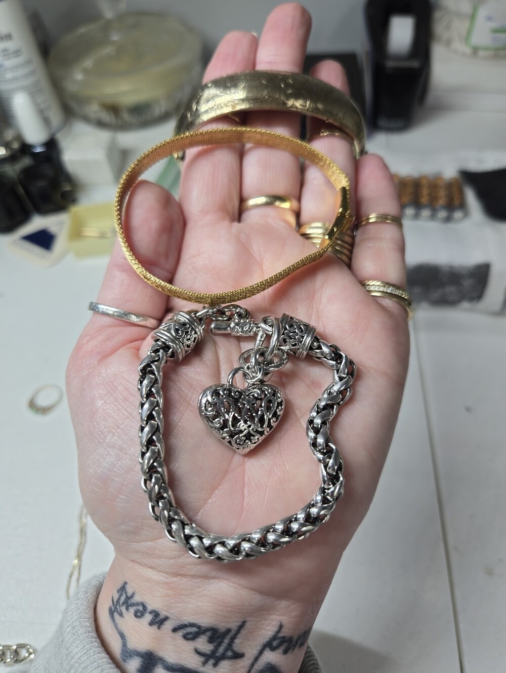 Costume Bracelet Lot. Heart Charm Bracelet - Silver
